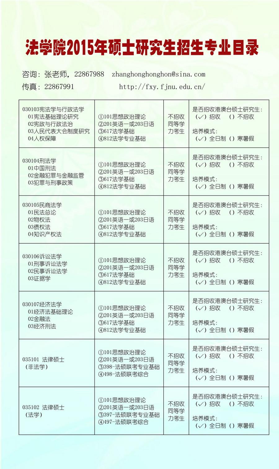 福建师范大学法学院2015年硕士研究生招生简章